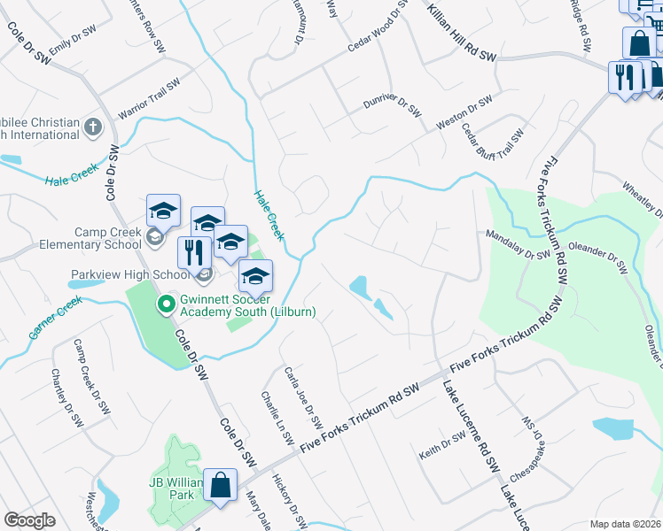 map of restaurants, bars, coffee shops, grocery stores, and more near 4825 Admiral Ridge Way Southwest in Lilburn