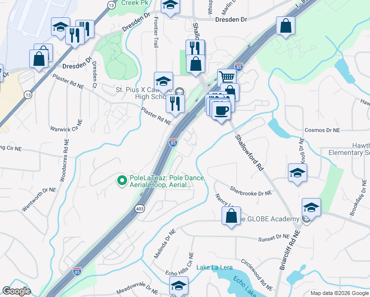 map of restaurants, bars, coffee shops, grocery stores, and more near 2805 Northeast Expressway in Atlanta
