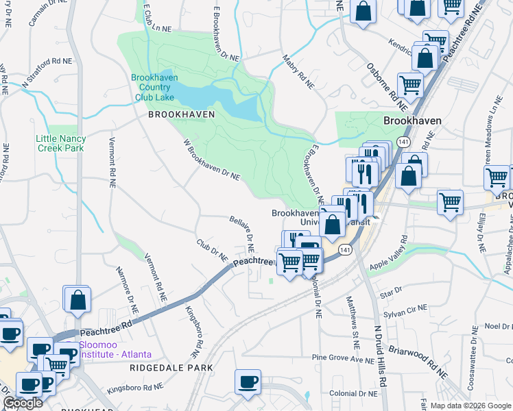 map of restaurants, bars, coffee shops, grocery stores, and more near 1205 Brookhaven Drive Northeast in Atlanta