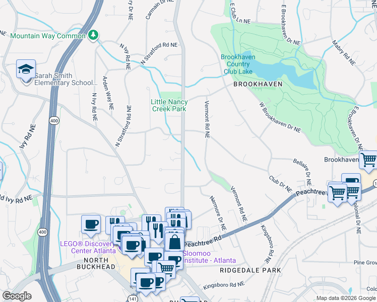 map of restaurants, bars, coffee shops, grocery stores, and more near 3905 Peachtree Dunwoody Road in Atlanta