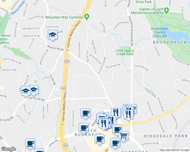 map of restaurants, bars, coffee shops, grocery stores, and more near 3900 Wieuca Road Northeast in Atlanta