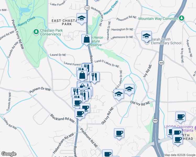 map of restaurants, bars, coffee shops, grocery stores, and more near 4004 Sheldon Drive Northeast in Atlanta