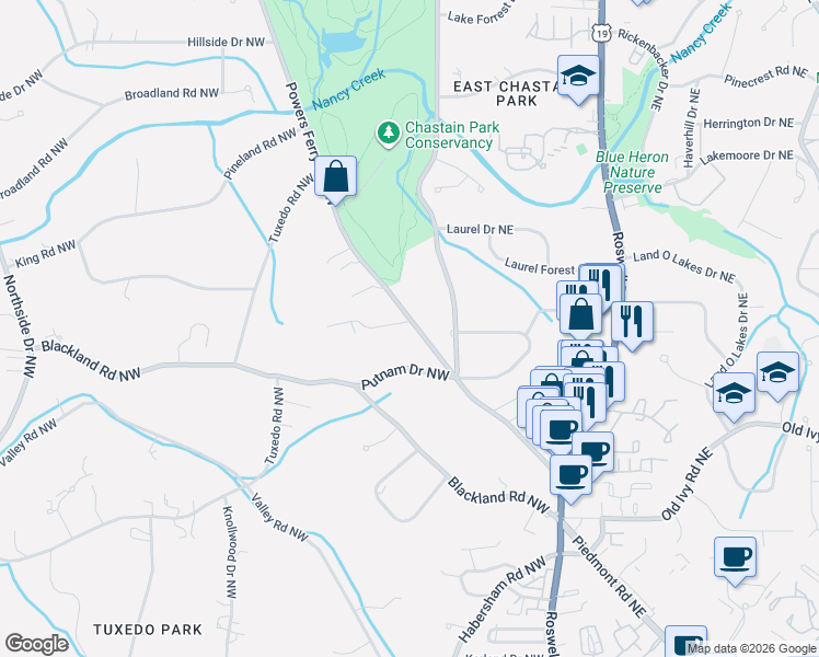 map of restaurants, bars, coffee shops, grocery stores, and more near 3871 Powers Ferry Road Northwest in Atlanta