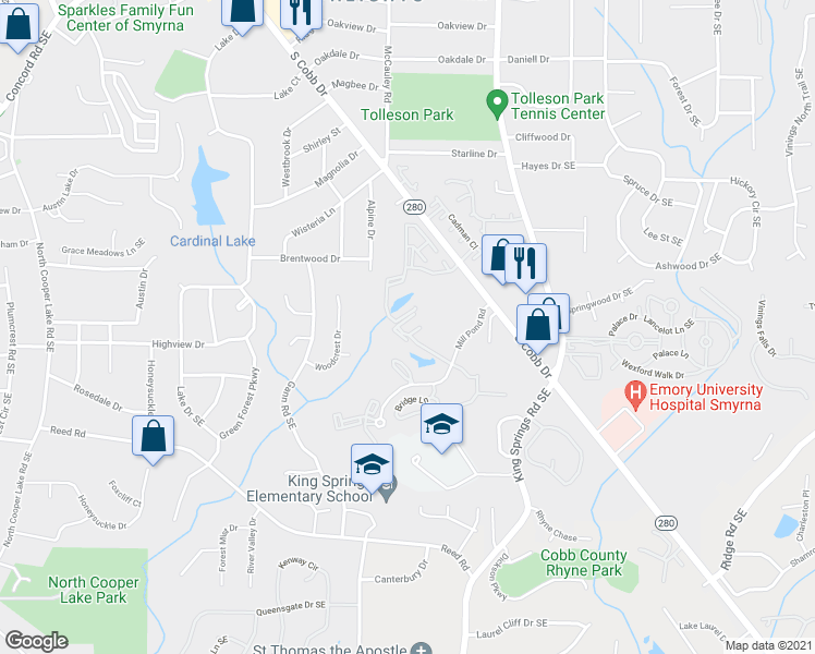 map of restaurants, bars, coffee shops, grocery stores, and more near 1009 Mill Pond Drive in Smyrna