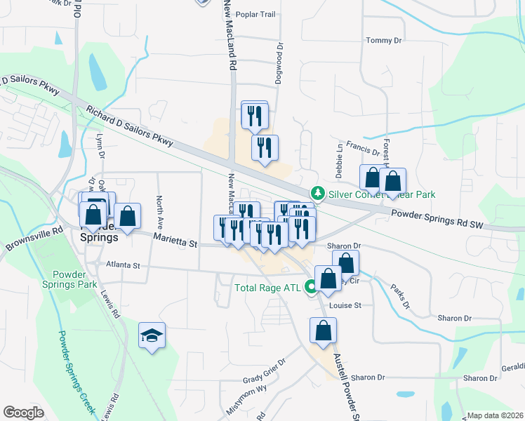 map of restaurants, bars, coffee shops, grocery stores, and more near 4165 Integrity Way in Powder Springs