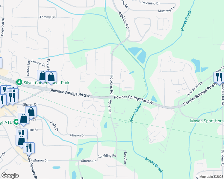 map of restaurants, bars, coffee shops, grocery stores, and more near 3815 Hopkins Road in Powder Springs