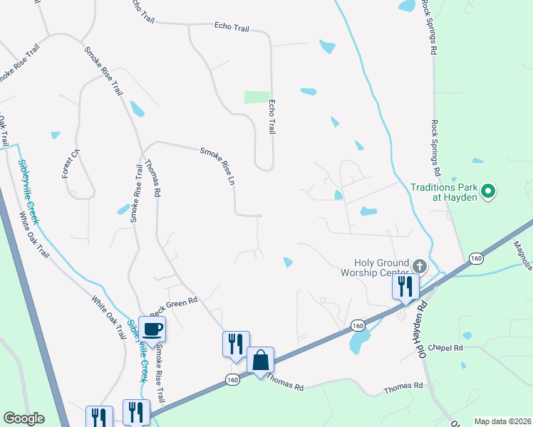 map of restaurants, bars, coffee shops, grocery stores, and more near 585 Smoke Rise Lane in Warrior