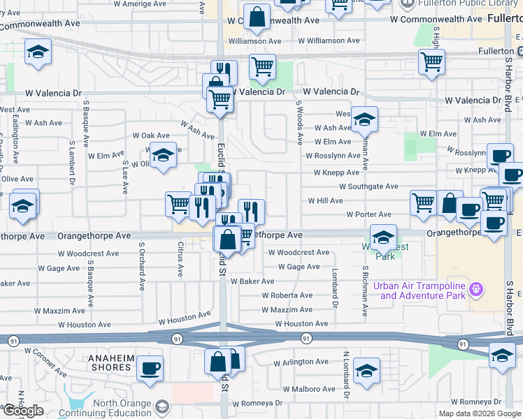 map of restaurants, bars, coffee shops, grocery stores, and more near 747 Hill Avenue in Fullerton