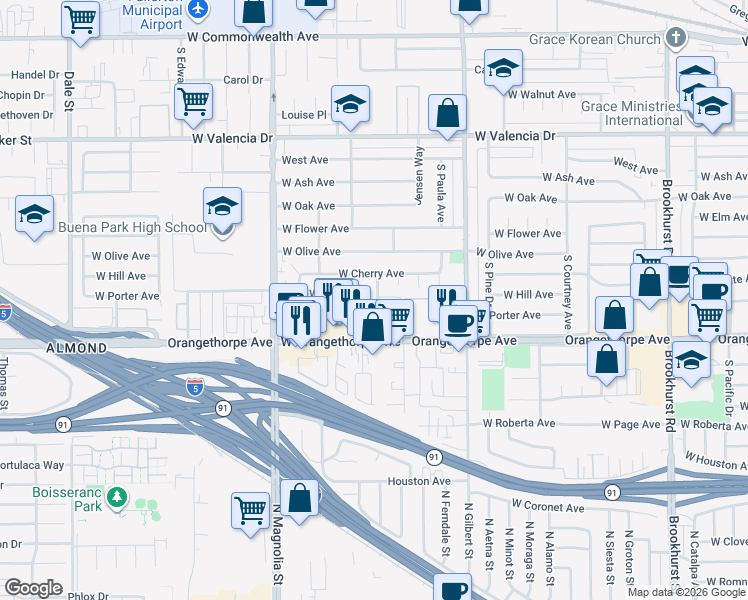 map of restaurants, bars, coffee shops, grocery stores, and more near 1013 Nicklett Avenue in Fullerton