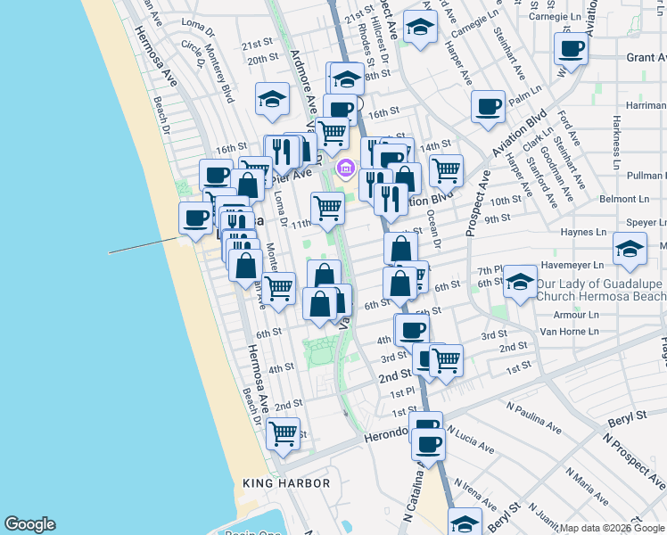 map of restaurants, bars, coffee shops, grocery stores, and more near 861 Valley Drive in Hermosa Beach