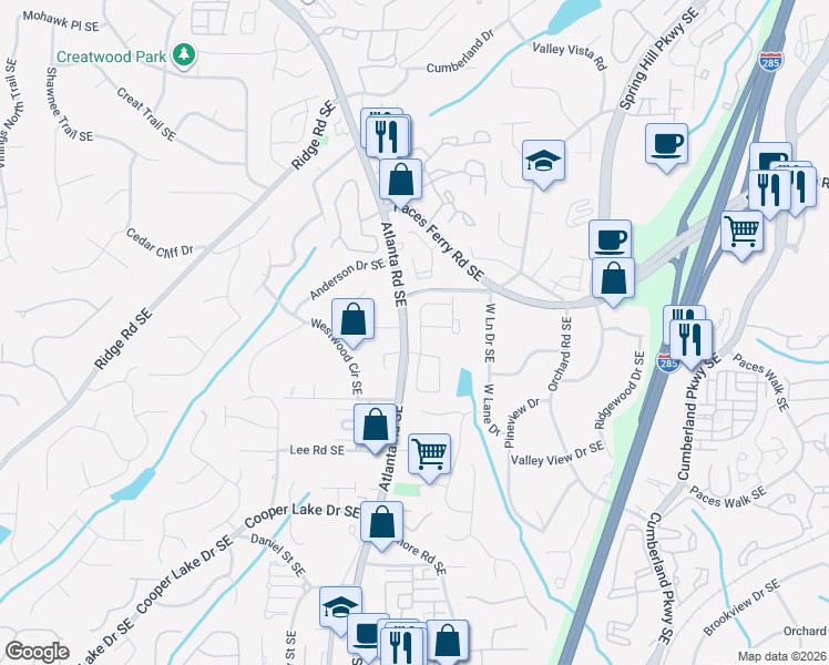 map of restaurants, bars, coffee shops, grocery stores, and more near 2155 Lafite Square in Smyrna