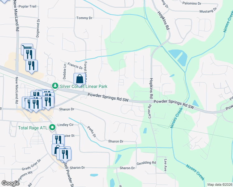 map of restaurants, bars, coffee shops, grocery stores, and more near 3700 Powder Springs Road Southwest in Powder Springs