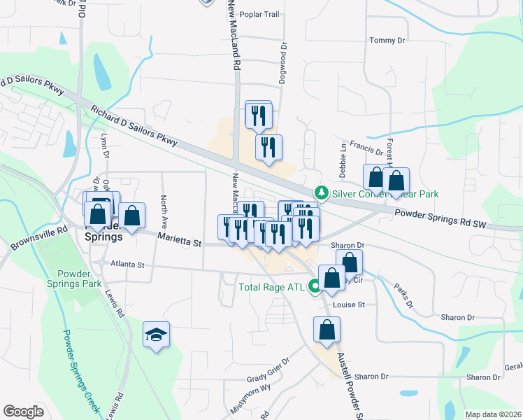 map of restaurants, bars, coffee shops, grocery stores, and more near 4165 Integrity Way in Powder Springs