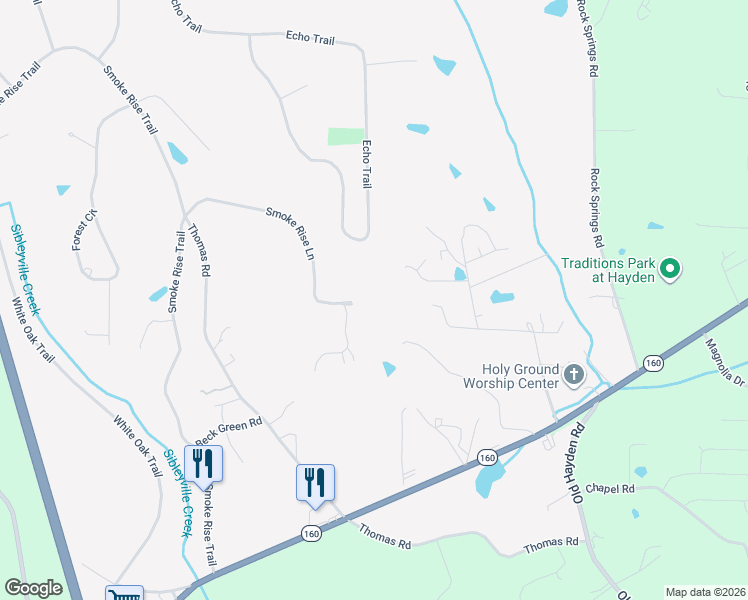 map of restaurants, bars, coffee shops, grocery stores, and more near 585 Smoke Rise Lane in Warrior