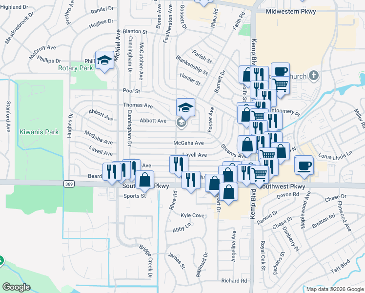 map of restaurants, bars, coffee shops, grocery stores, and more near 2962 McGaha Avenue in Wichita Falls