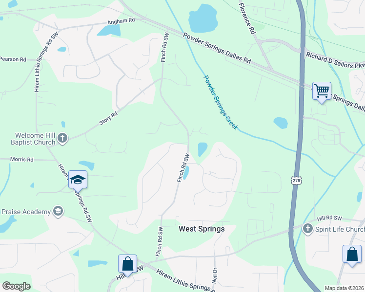 map of restaurants, bars, coffee shops, grocery stores, and more near 3849 Saint George Terrace Southwest in Hiram