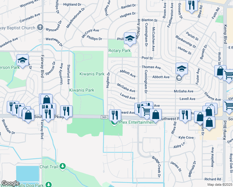 map of restaurants, bars, coffee shops, grocery stores, and more near 4132 Lavell Avenue in Wichita Falls