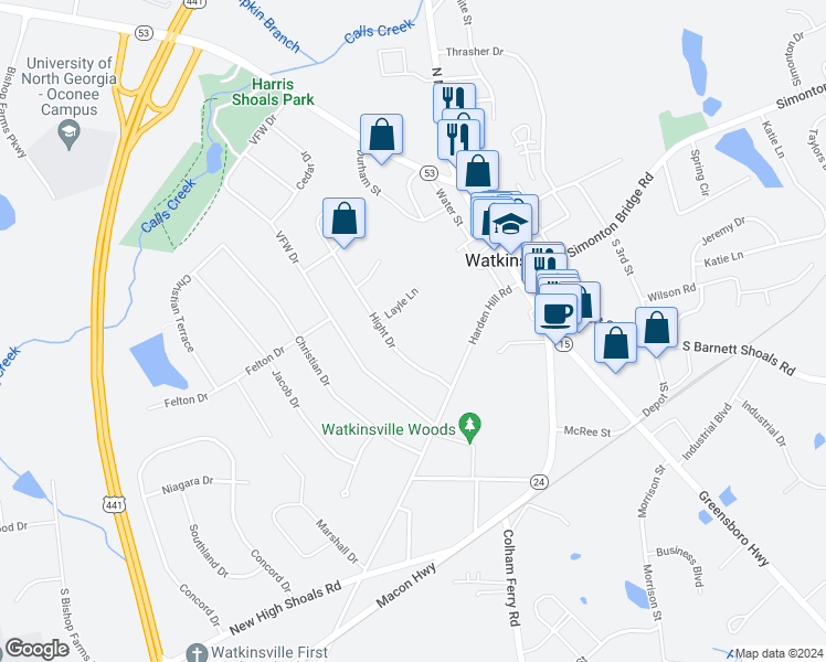 map of restaurants, bars, coffee shops, grocery stores, and more near 35 Harden Hill Road in Watkinsville