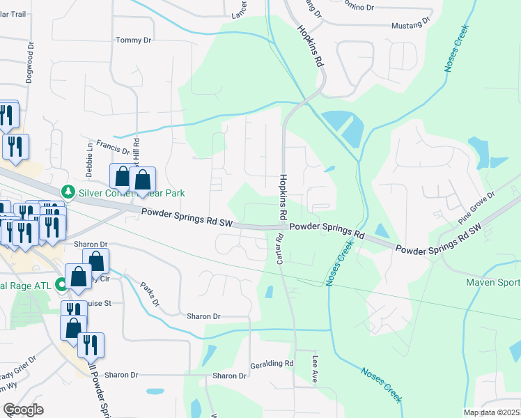 map of restaurants, bars, coffee shops, grocery stores, and more near 3605 Fairhaven Drive in Powder Springs
