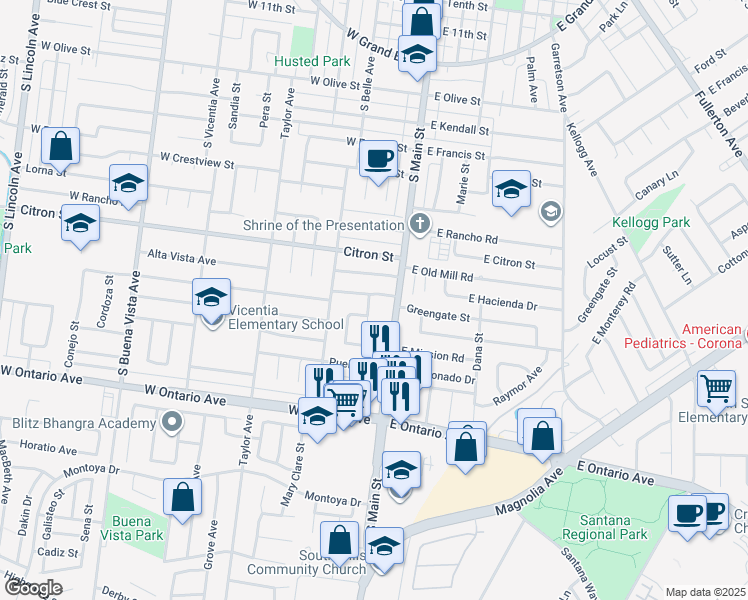 map of restaurants, bars, coffee shops, grocery stores, and more near 1905 Davis Street in Corona