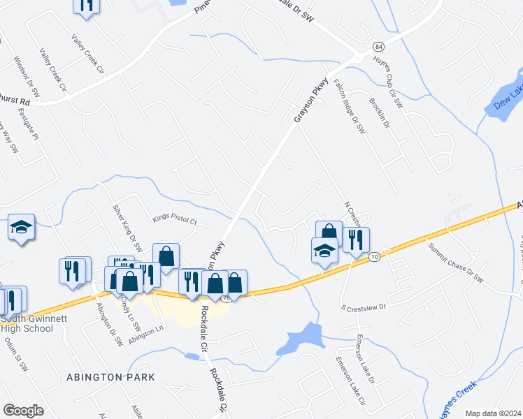 map of restaurants, bars, coffee shops, grocery stores, and more near 1530 Parkcrest Lane in Grayson