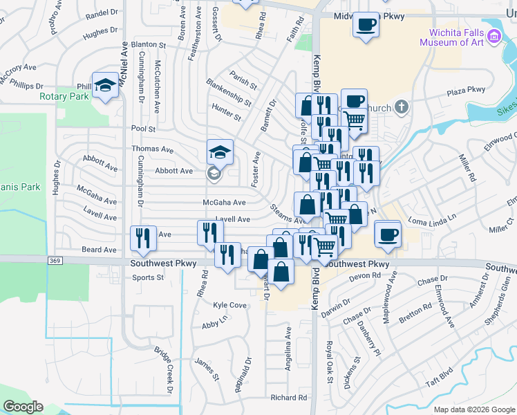 map of restaurants, bars, coffee shops, grocery stores, and more near 2927 Stearns Avenue in Wichita Falls