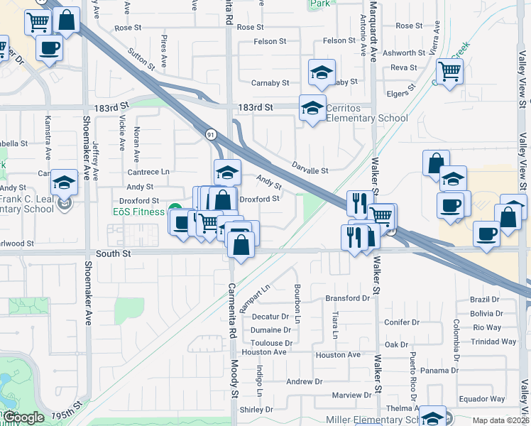 map of restaurants, bars, coffee shops, grocery stores, and more near 13508 Caravel Place in Cerritos