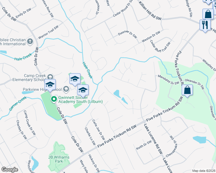 map of restaurants, bars, coffee shops, grocery stores, and more near 4825 Admiral Ridge Way Southwest in Lilburn