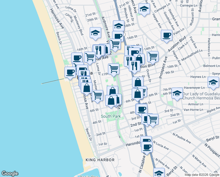 map of restaurants, bars, coffee shops, grocery stores, and more near 854 Cypress Avenue in Hermosa Beach