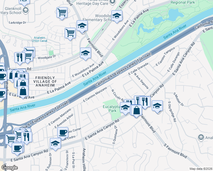 map of restaurants, bars, coffee shops, grocery stores, and more near 6261 East Camino Manzano in Anaheim