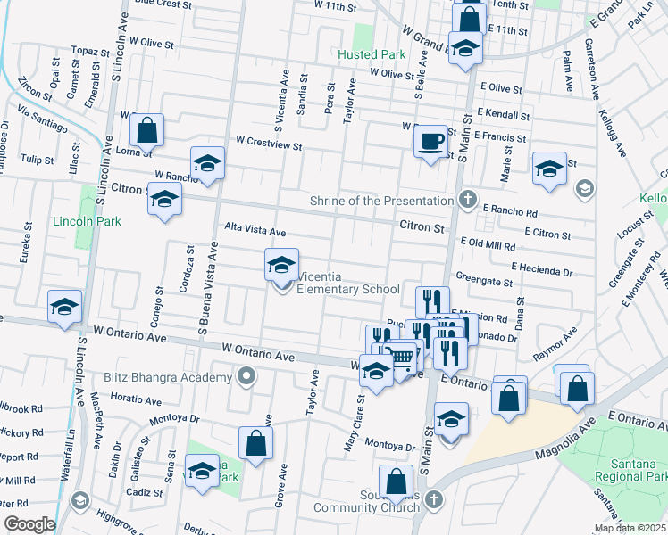 map of restaurants, bars, coffee shops, grocery stores, and more near 510 West Hacienda Drive in Corona