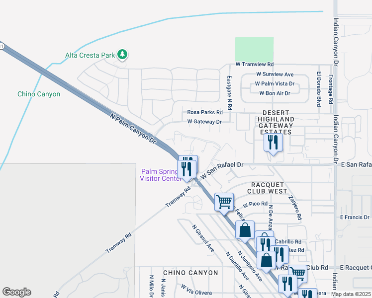 map of restaurants, bars, coffee shops, grocery stores, and more near 2821 Los Felices Circle North in Palm Springs