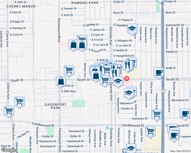 map of restaurants, bars, coffee shops, grocery stores, and more near 3350 East Andy Street in Long Beach
