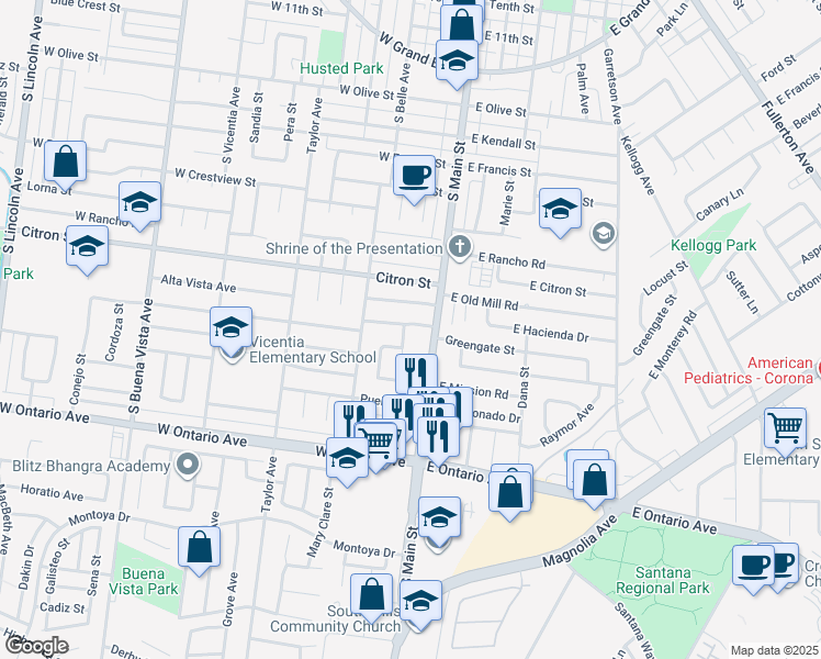 map of restaurants, bars, coffee shops, grocery stores, and more near 1905 Davis Street in Corona
