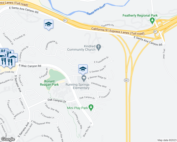 map of restaurants, bars, coffee shops, grocery stores, and more near 8725 East Garden View Drive in Anaheim