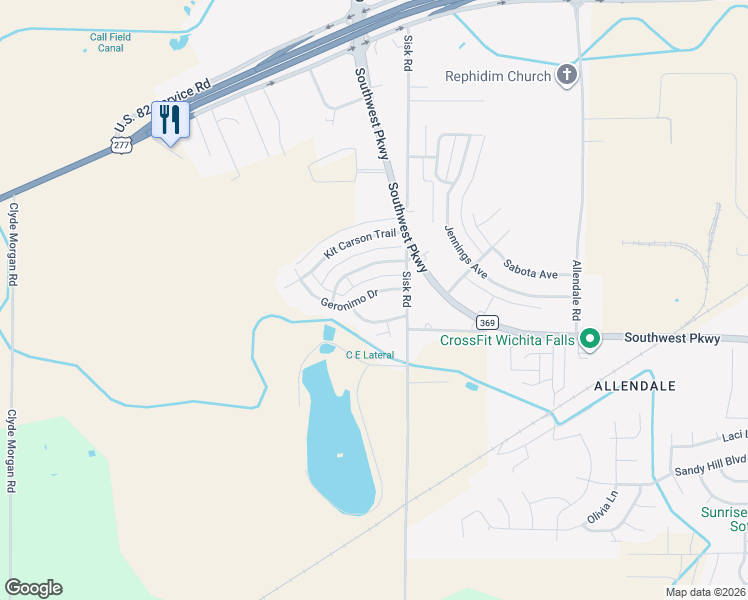 map of restaurants, bars, coffee shops, grocery stores, and more near 6712 Geronimo Drive in Wichita Falls