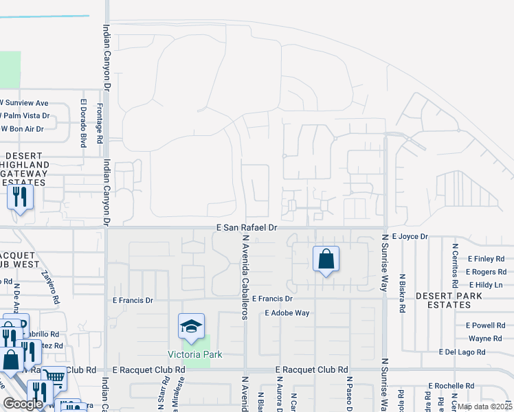 map of restaurants, bars, coffee shops, grocery stores, and more near 1083 East Circulo San Sorrento Road in Palm Springs