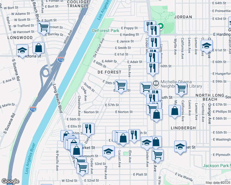 map of restaurants, bars, coffee shops, grocery stores, and more near 225 East Hullett Street in Long Beach