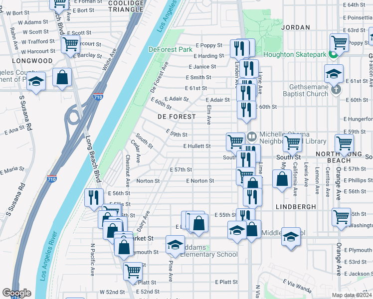 map of restaurants, bars, coffee shops, grocery stores, and more near 246 East Hullett Street in Long Beach