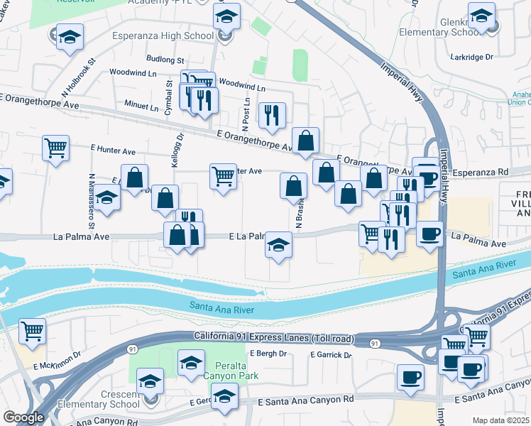 map of restaurants, bars, coffee shops, grocery stores, and more near in Anaheim