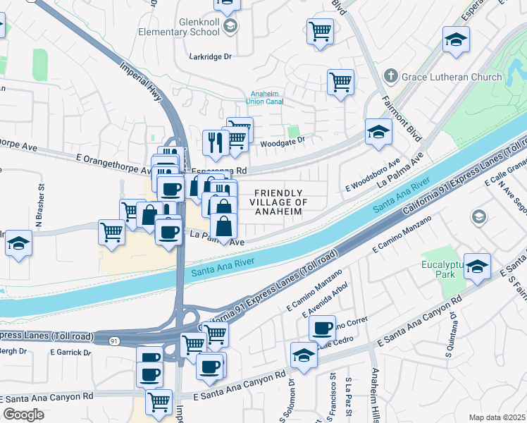 map of restaurants, bars, coffee shops, grocery stores, and more near 5815 East La Palma Avenue in Anaheim