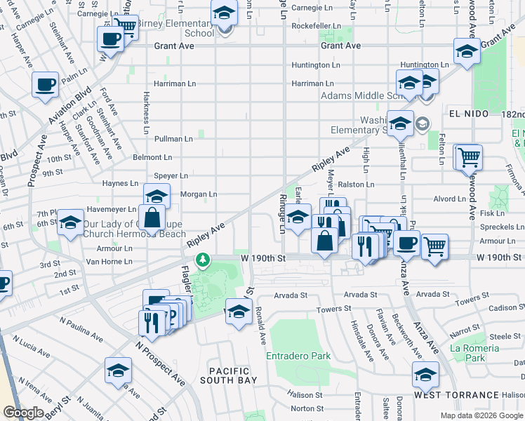 map of restaurants, bars, coffee shops, grocery stores, and more near 2105 Havemeyer Lane in Redondo Beach