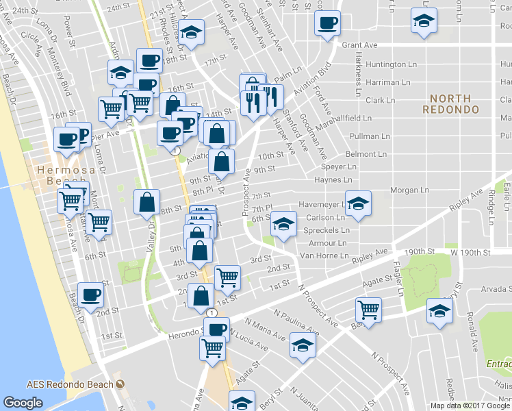 map of restaurants, bars, coffee shops, grocery stores, and more near 1133 7th Place in Hermosa Beach