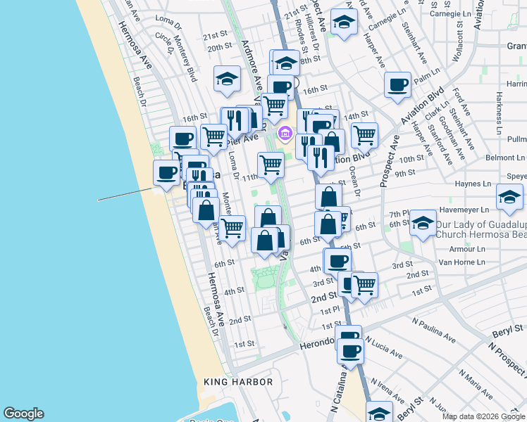 map of restaurants, bars, coffee shops, grocery stores, and more near 854 Cypress Avenue in Hermosa Beach