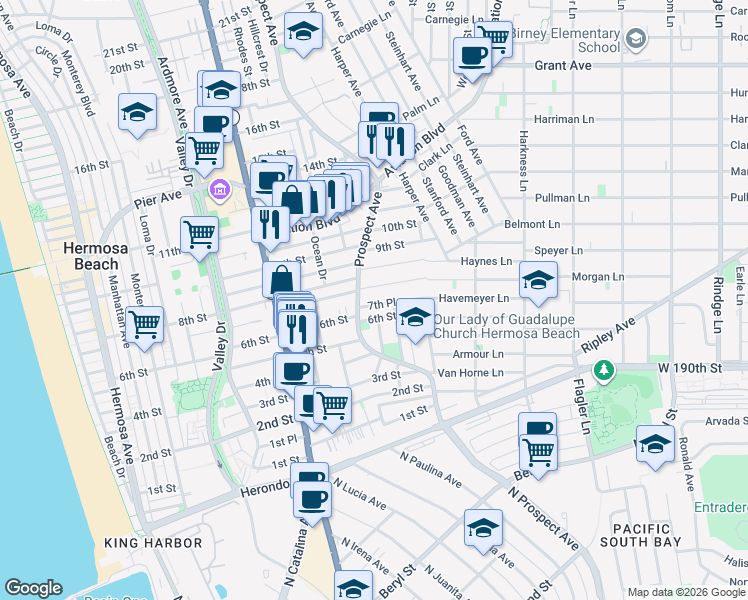 map of restaurants, bars, coffee shops, grocery stores, and more near 1133 7th Place in Hermosa Beach