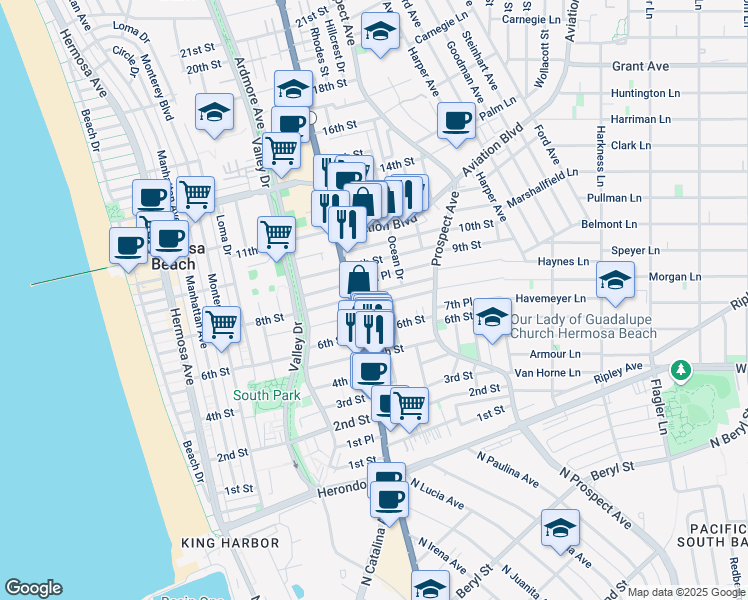 map of restaurants, bars, coffee shops, grocery stores, and more near 912 8th Street in Hermosa Beach