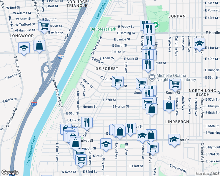 map of restaurants, bars, coffee shops, grocery stores, and more near 230 East Hullett Street in Long Beach