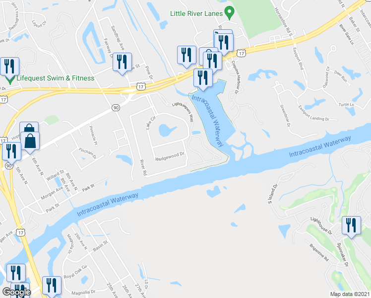 map of restaurants, bars, coffee shops, grocery stores, and more near 4561 Lake Circle in Little River