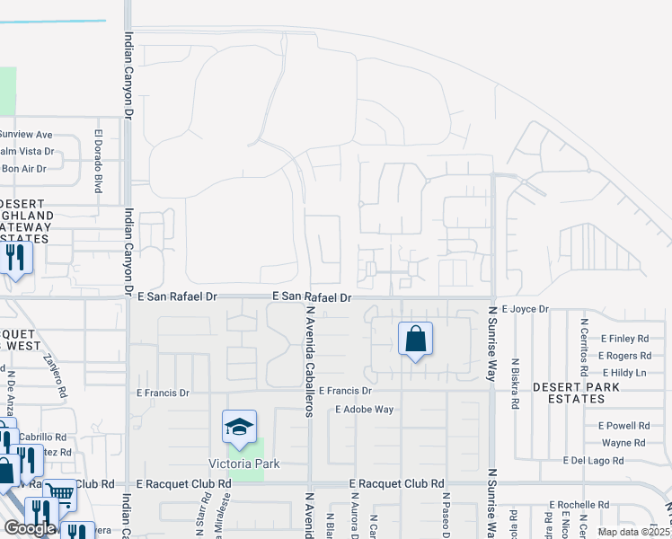 map of restaurants, bars, coffee shops, grocery stores, and more near 1123 East Circulo San Sorrento Road in Palm Springs