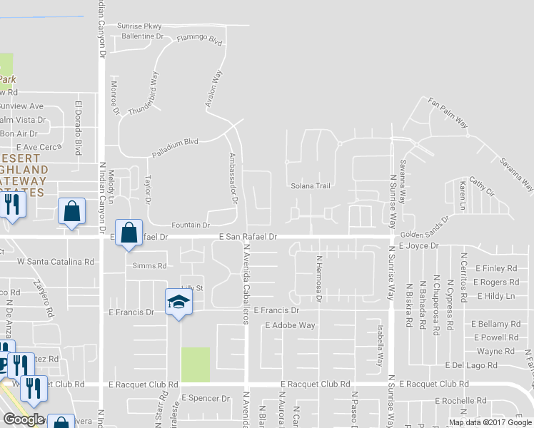 map of restaurants, bars, coffee shops, grocery stores, and more near 1123 East Circulo San Sorrento Road in Palm Springs